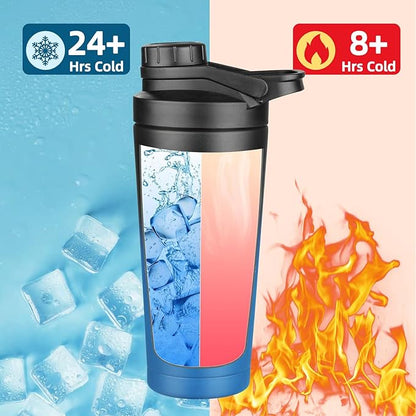 24 oz Shaker Bottle,Stainless Steel Shaker Bottle with Noise-Free Design,Insulated Metal Shakers Bottles Cup for Protein Mixes and Pre Workout,Gym Shaker Bottle (Black&Blue)