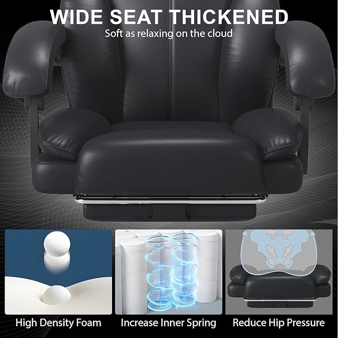 Big and Tall Office Chair, Ergonomic Leather High Back Executive Computer Chair with Retractable Footrest, Adjustable Headrest, Padded Arms, 360°Swivel Free, 90-135°Reclining, 500lbs Wide Seat, Black