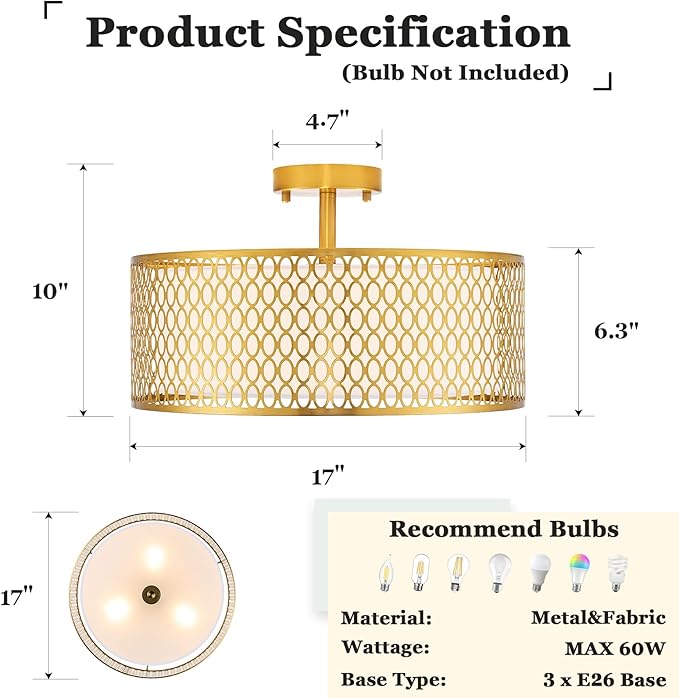 17" Semi Flush Mount Ceiling Light Fixture, 3-Light Gold Light Fixture, Close to Ceiling Light Fixture with White Fabric Lampshade and Gloden Iron Mesh Cage for Dining Room Living Room Bedroom