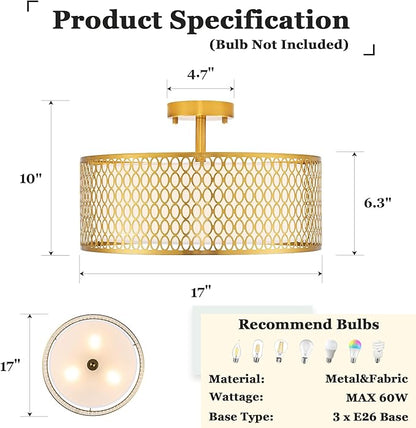 17" Semi Flush Mount Ceiling Light Fixture, 3-Light Gold Light Fixture, Close to Ceiling Light Fixture with White Fabric Lampshade and Gloden Iron Mesh Cage for Dining Room Living Room Bedroom