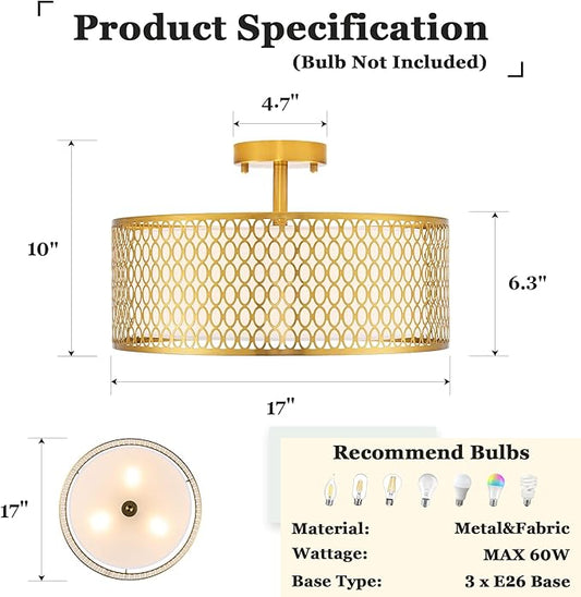 17" Semi Flush Mount Ceiling Light Fixture, 3-Light Gold Light Fixture, Close to Ceiling Light Fixture with White Fabric Lampshade and Gloden Iron Mesh Cage for Dining Room Living Room Bedroom