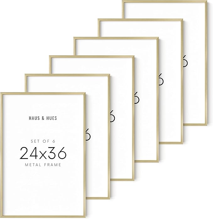 HAUS AND HUES 24x36 Gold Picture Frames - Set of 6 Large Picture Frames 24x36, Gold Gallery Wall Frame Set, 24x36 Inch Poster Frames, 24x36 Gold Frames for Gallery Wall (Silver Aluminum Frames)