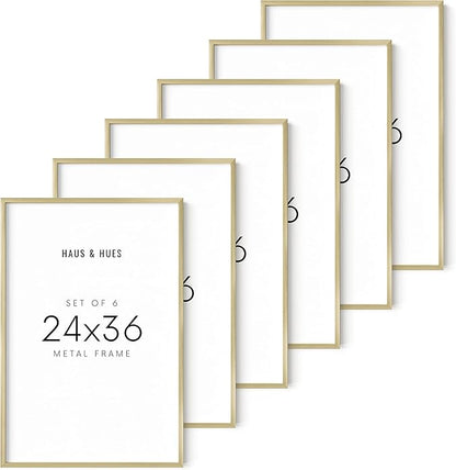 HAUS AND HUES 24x36 Gold Picture Frames - Set of 6 Large Picture Frames 24x36, Gold Gallery Wall Frame Set, 24x36 Inch Poster Frames, 24x36 Gold Frames for Gallery Wall (Silver Aluminum Frames)