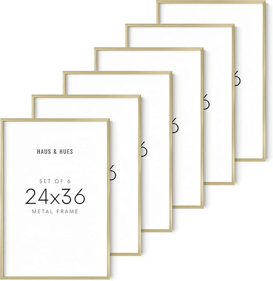 HAUS AND HUES 24x36 Gold Picture Frames - Set of 6 Large Picture Frames 24x36, Gold Gallery Wall Frame Set, 24x36 Inch Poster Frames, 24x36 Gold Frames for Gallery Wall (Silver Aluminum Frames)