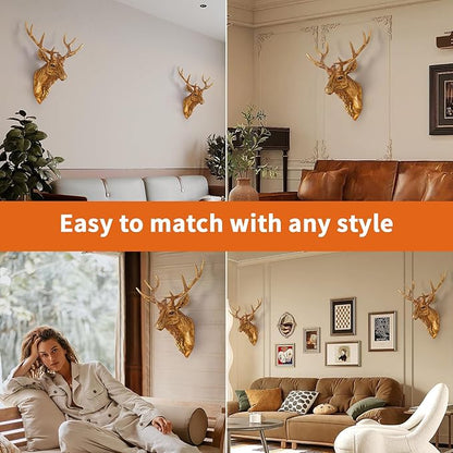 Bodun Deer Head Wall Mount Decor 14.5 inches Faux Deer Head Sculpture for Bar Background Wall Mount Home Living Room Wall Art Christmas Decoration Resin Antler Decor (Gold)