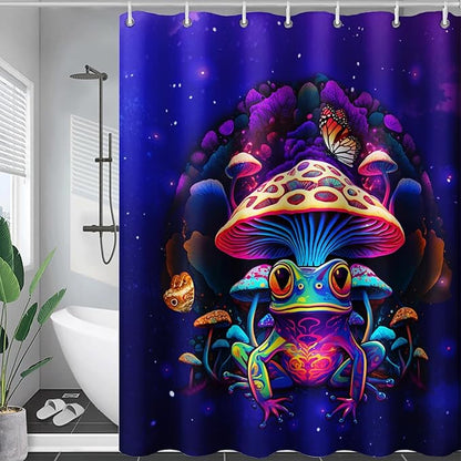 AILONEN Colorful Frog Shower Curtains,Poisonous Mushroom Printed Bath Curtains for Kids,Purple Polyester Waterproof for Bathroom,72" W*96" H with 12 Plastic Hooks