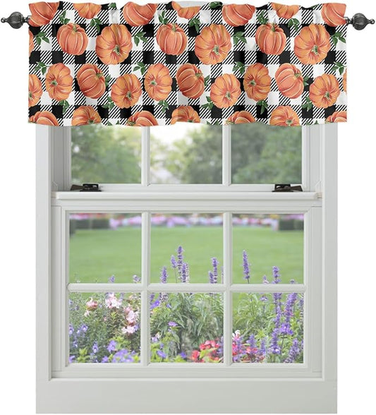 Fall Kitchen Curtains Valances for Windows Thanksgiving Halloween Pumpkins Rod Pocket Window Treatment for Kitchen /Living Room/Bedroom/ Bathroom,42" X 18"-1 Panel, Farmhouse Black White Buffalo Plaid