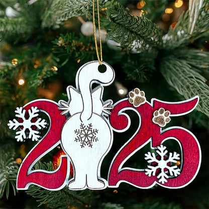 Cat 2025 Christmas Ornament – Cute Wooden Kitten Butt Tree Decoration with Snowflakes & Paw Prints for Cat Lovers, Pet Owner Christmas Décor
