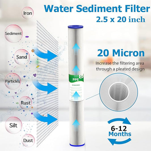 20 Micron 20-Inch Whole House Water Filter Replacement Cartridge, Pleated Sediment Water Filters 2.5" x 20" for Well Water, Compatible with ECP20-20, 255487-43, SPC-25-2020, 6 Pack