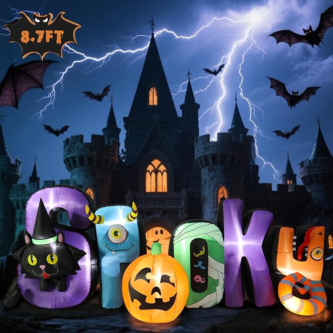 8.7 FT Long Halloween Inflatable Spooky Pumpkin Outdoor Decoration, Holiday Decorations Built-in White LED Light Blow Up Halloween Decorations for Yard, Garden, Lawn,Holiday, Party