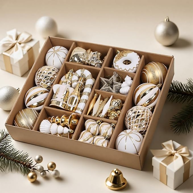 SHareconn 70pcs 2025 Classic Christmas Balls Ornaments Set, Shatterproof Plastic Baubles, Ribbon and Tree Topper for Xmas Tree Holiday Wedding Party Decorations with Hanging Strings, White and Gold