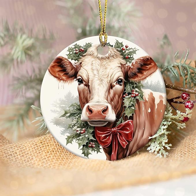 Christmas Cow Ornament Round Ceramic Ornament Xmas Keepsake for Christmas Tree Winter Holiday Xmas Gift for Women Men Xmas Hanging Ornament 3"