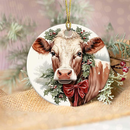 Christmas Cow Ornament Round Ceramic Ornament Xmas Keepsake for Christmas Tree Winter Holiday Xmas Gift for Women Men Xmas Hanging Ornament 3"