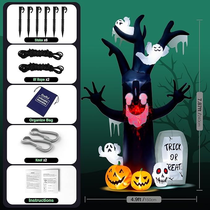 8FT Halloween Inflatables Decorations - Blow Up Yard Devil's Tree with Ghost, Pumpkin, Skull and Tombstone with Build-in LED & Flame Light for Halloween Party Garden Lawn Indoor Outdoor Decor