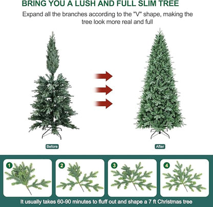 7 FT Pre-lit Artificial Skinny Christmas Tree,Blue Spruce Slim Christmas Tree with 1552 PE&PVC Mixed Branch Tips and 400 UL Listed Clear Lights,Hinged Xmas Tree with Metal Stand for Home Office Décor