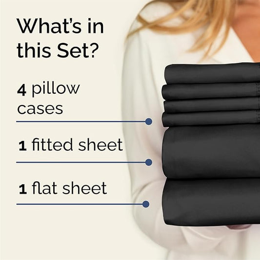 CGK Linens Queen 6 Piece Sheet Set - Cooling Sheets for Hot Sleepers - Hotel Luxury Bedding Set with 8-16 Inch Deep Pockets - 1 Flat & 1 Fitted & 4 Pillowcases - Soft, Easy Care & Wrinkle Free - Black