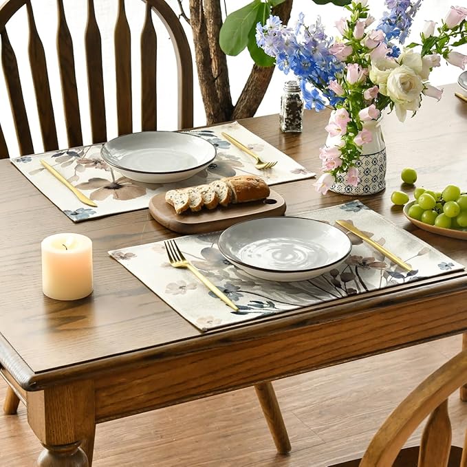 Artoid Mode Brown Poppy Floral Leaves Placemats Set of 6, 12x18 Inch Seasonal Summer Table Mats for Party Kitchen Dining Decoration