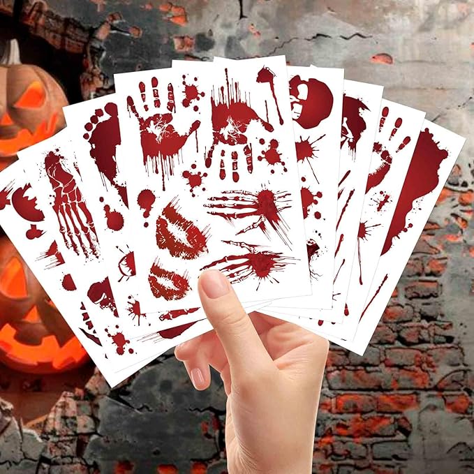 Halloween Wall Stickers, 8 Sheets Bloody Handprint and Footprint Stickers, Scary Halloween Party Decorations, Large Size Door Bathroom Indoor & Outdoor Home Decor