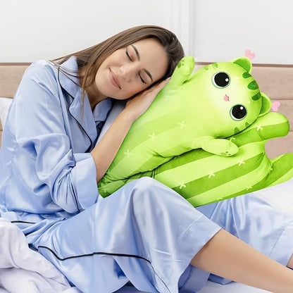 Long Cat Plush Kawaii Kids Plush Toy Pillows, Cute Cat Stuffed Animals Soft Plushies, Kitten Big Plush Toys Throw Body Pillow Doll Gift for Girls Boys (Cactus Cat 44 Inch)