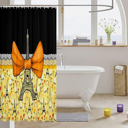 Feelyou Eiffel Tower Shower Curtain 72"x72" Kids Romantic Paris Bowknot Bathroom Shower Curtain Set for Boys Girls Teens Black Yellow Bath Curtain Modern French Bathroom Accessories
