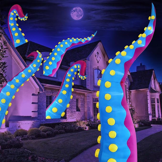 Juegoal 1 PCS Halloween Decorations 11.5FT Tall Inflatable Lighted Giant Octopus Tentacle, Octopus Legs with Lights, Halloween Front Door Window Roof Prop, Outdoor Holiday Blow up Decor - Mold C