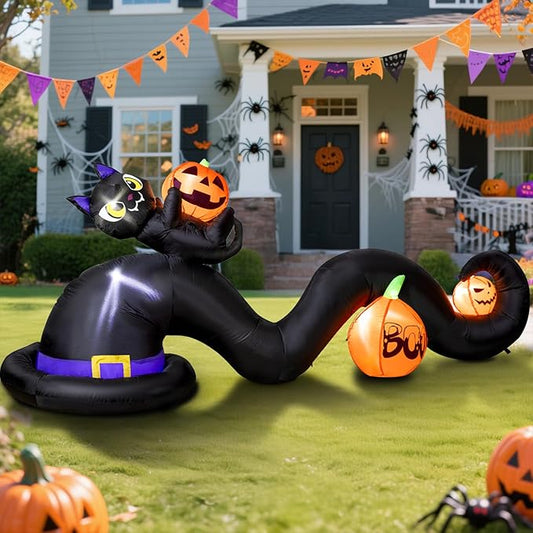 Dawdix 9FT Long Halloween Inflatables Witch Hat with Black Cat and Pumpkins, Large Lighted Blow Up Decoration for Yard, Halloween Outdoor Inflatable for Party Garden Patio Lawn Decor