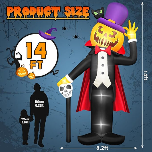 Kalolary 14FT Halloween Inflatable Pumpkin Vampire Outdoors Decoration, Blow Up Yard Decorations with Built-in LED Lights Giant Pumpkin Inflatable for Halloween Party Garden Lawn Outdoor Decor