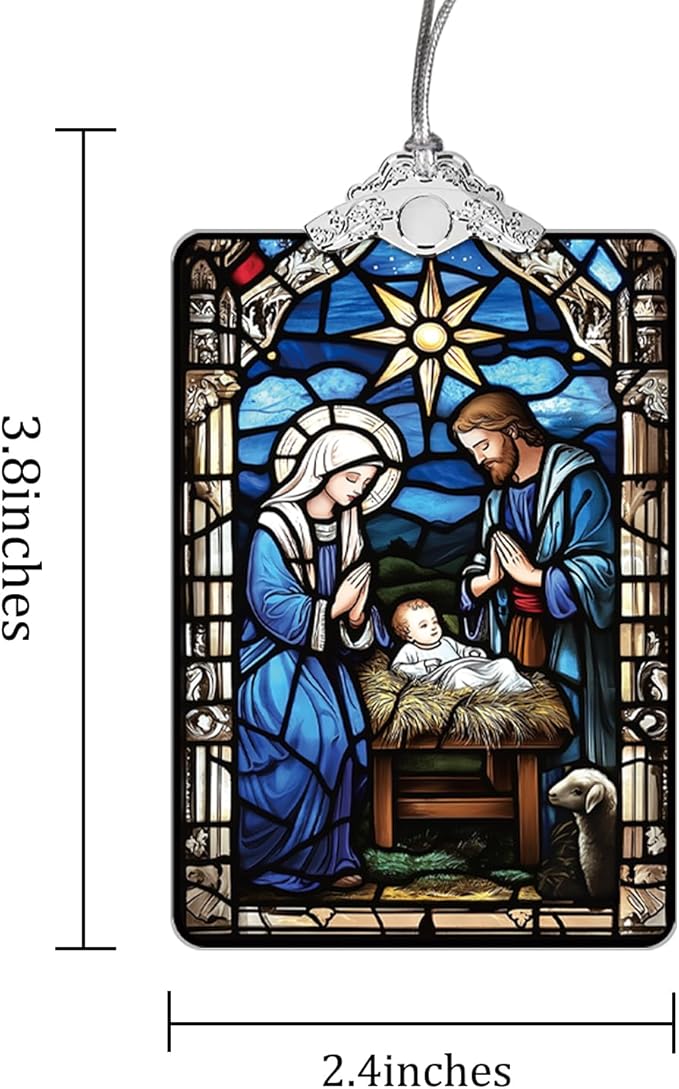 Nativity Scene Stained Glass Ornament, 2025 Christmas Tree Hanging Decoration for Gift Exchange or Religious Holiday Display, 3.8 x 2.4 Inch