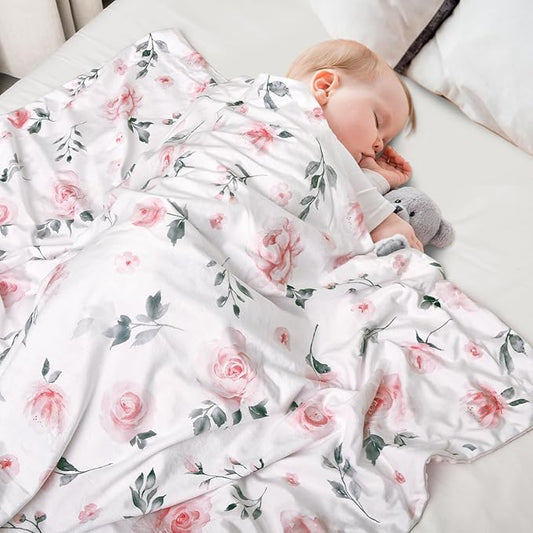 Minky Baby Blanket for Girls, 40x50 Inches Soft Lightweight Micro Fleece Baby Blanket with Double Layer, Dotted Backing, Breathable Receiving Blanket for Newborns, Floral Flowers