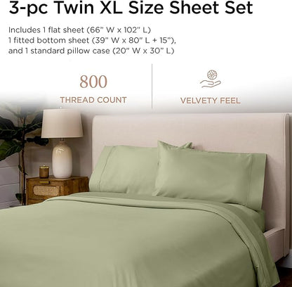 Threadmill 800 Thread Count 100% Cotton Sheets - Luxury Sateen Weave Sage Green Twin XL Bed-Sheets, Better Than Egyptian Cotton,3 Pc Solid Bedding Set, Fits 15" Deep Pocket