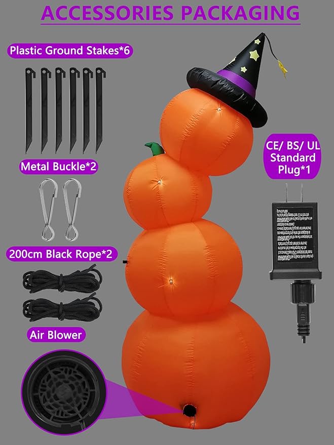 Kalolary 8 Feet Inflatable Stacked Pumpkins with Built-in LEDs, Halloween Indoor/Outdoor Decoration, Pumpkin Lantern, Yard/Lawn Decor for Home & Family Holiday Party