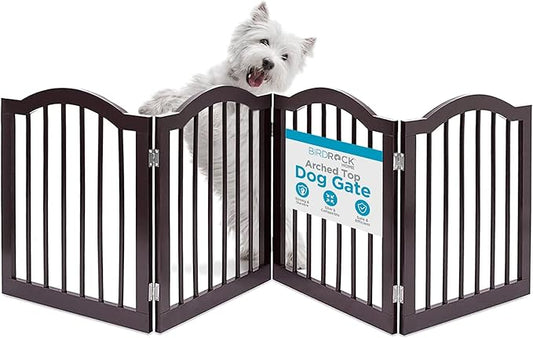 INTERNET'S BEST Arched Top Dog Gate | 4 Panel, 24" H Wooden Pet Barrier for Dogs or Cats | Freestanding Folding Room Divider for Doorways, Hallways, Stairs, and Porch | Portable, Extra Wide | Espresso