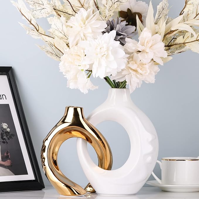 White Gold Ceramic Vase Set of 2 for Modern Home Decor,Round Boho Vase for Pampas Grass,Neutral Minimalist Vase for Dining Room Table Centerpiece Dining Room,Wedding Table Decoration