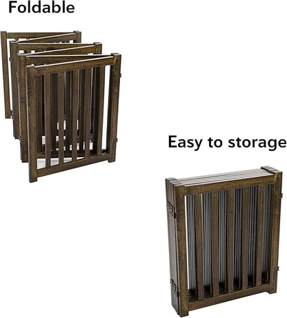 LZRS 6-Panel Extra-Wide Freestanding Wooden Dog Gate – 24”High Foldable Safety Pet Barrier for Doorways, Hallways, Kitchens, and Long Staircases, Durable Design fit Small to Medium Dogs, Walnutl