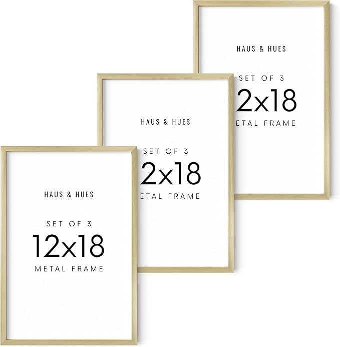 HAUS AND HUES 12x18 Gold Metal Picture Frames - Features Premium Aluminum, Vertical & Horizontal Hang, Shatterproof Plexiglass - Perfect for Home, Room, Office (12x18 in, Gold, Set of 3)