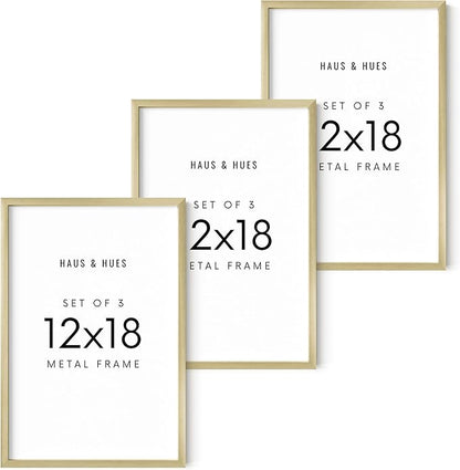 HAUS AND HUES 12x18 Gold Metal Picture Frames - Features Premium Aluminum, Vertical & Horizontal Hang, Shatterproof Plexiglass - Perfect for Home, Room, Office (12x18 in, Gold, Set of 3)