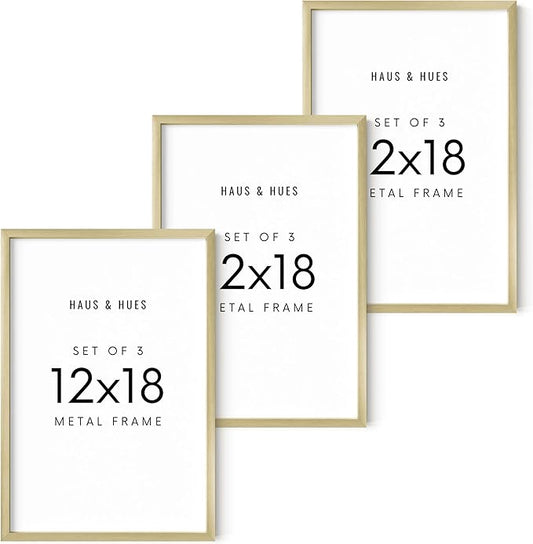 HAUS AND HUES 12x18 Gold Metal Picture Frames - Features Premium Aluminum, Vertical & Horizontal Hang, Shatterproof Plexiglass - Perfect for Home, Room, Office (12x18 in, Gold, Set of 3)