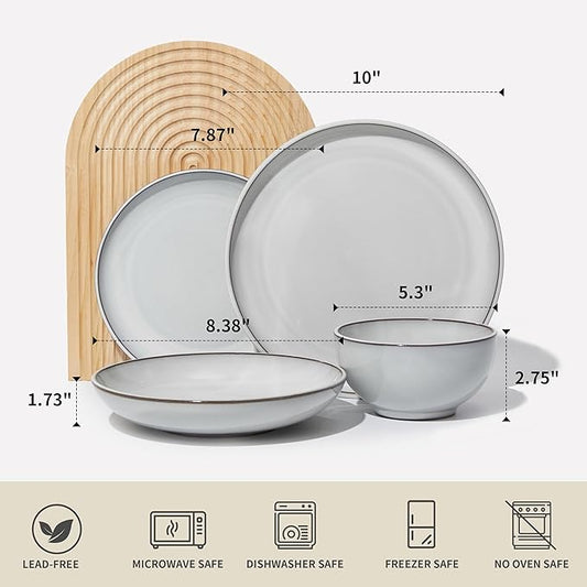 16 Piece Double Bowl Dinnerware Sets with Pasta Bowls, Highly Chip and Crack Resistant Plates and Bowls Sets, Natural Earthyware Ceramic Dishware Sets, Service for 4 Moonstone White