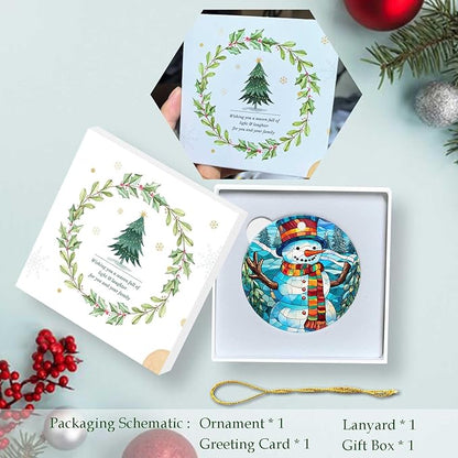 Snowman Ornament Round Ceramic Stained Glass Style Ornament Xmas Keepsake for Christmas Tree Winter Holiday Xmas Gift for Women Men Xmas Hanging Ornament 3"