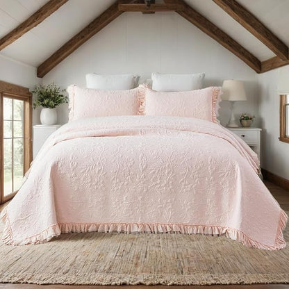 Brandream Queen Size Quilt Set Cotton Light Pink Quilts Shabby Chic Bedding Romantic Ruffle Bedspread Matelasse Coverlet Set 3-Piece