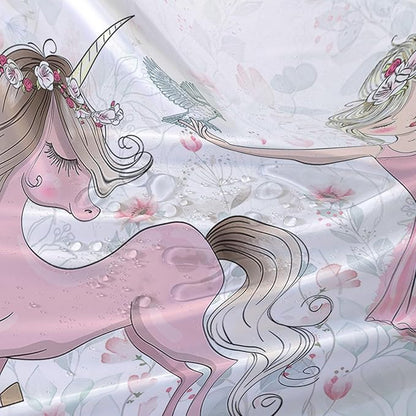 AILONEN Unicorn Shower Curtain, Cartoon Unicorn with Ballerina Girl Shower Curtain Set for Girls Teens Kids,Watercolor Pink Flowers Fabric Shower Curtain for Bathroom,72" W*96" H