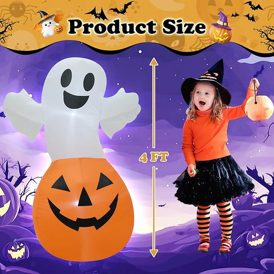 TRMESIA 4FT Halloween Inflatable Decor White Ghost Pumpkin with LED Lights Indoor Outdoor Blow Up Decoration Halloween Party Holiday Decoration