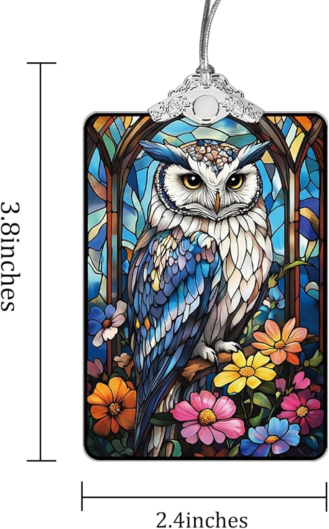 Owl and Wildflowers Stained Glass Ornament, 2025 Christmas Tree Hanging Decoration for Gift Exchange or Stocking Stuffer, Holiday Decor, 3.8 x 2.4 Inch