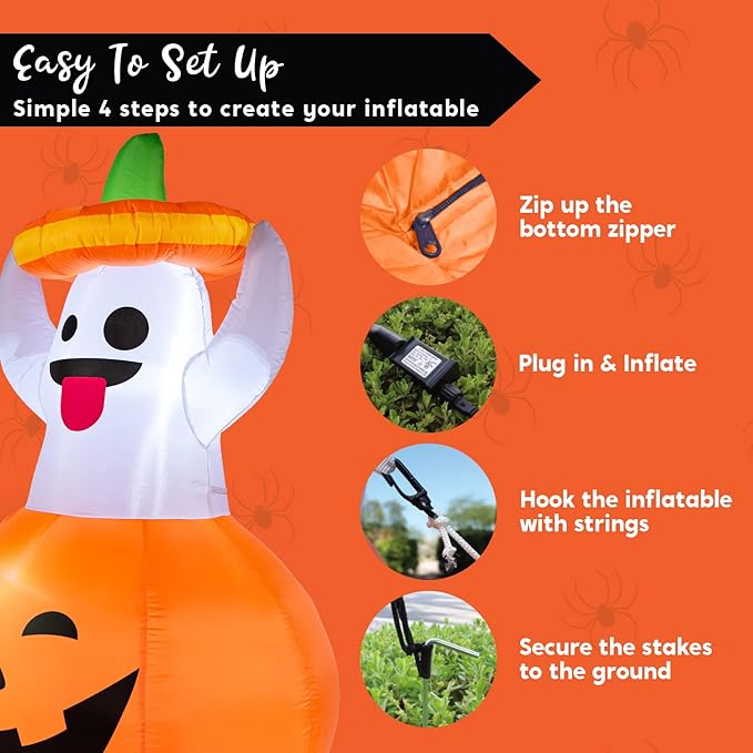 Joiedomi 5 FT Halloween Inflatable Ghost Outdoor Decorations, Blow Up Yard Decorations in Pumpkin, Blow Up Ghost Inflatable with LEDs for Cute Halloween Decor