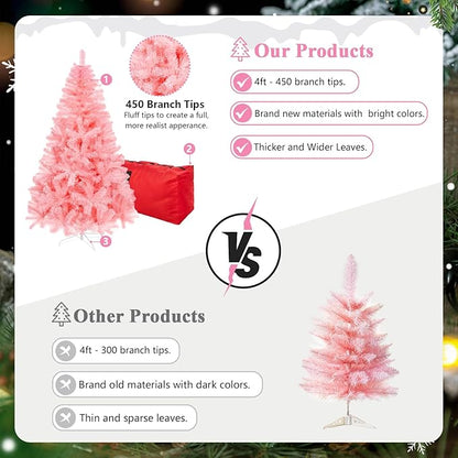 4ft Artificial Christmas Tree, Arbol de Navidad with 450 Branch Tips, Premium North Valley Spruce with Foldable Base Stand, Xmas Tree for Home, Office,Party Decoration-Pink