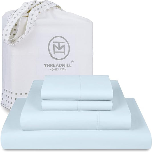Threadmill Luxury 800 Thread Count King 100% Cotton Sheets - Light Blue Sateen Weave Bed-Sheets, Better Than Egyptian Cotton,4 Pc Solid Soft Bedding Set, Fits 16" Deep Pocket