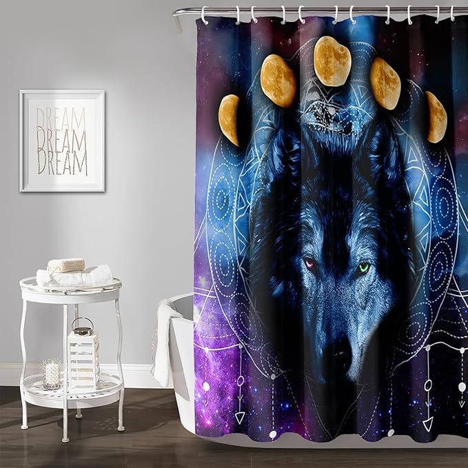 AILONEN Wolf Shower Curtain,Boho Moon Wolf Bath Curtain for Bathroom Decor,Galaxy Wolf Polyester Waterproof Whit 12 Plastic Hooks 72" W*96" H