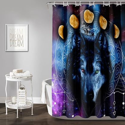 AILONEN Wolf Shower Curtain,Boho Moon Wolf Bath Curtain for Bathroom Decor,Galaxy Wolf Polyester Waterproof Whit 12 Plastic Hooks 72" W*96" H
