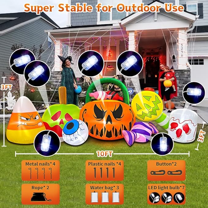10 FT Halloween Inflatable Outdoor Decorations Pumpkin Ghost Combo, Halloween Decorations Outdoor Inflatable Bow Up Pumpkin Decoration Outdoor with LED Inflatable Halloween for Yard Garden