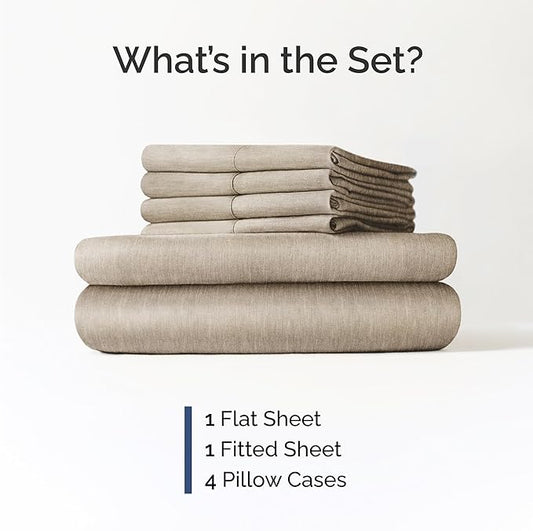 CGK Linens Queen 6 Piece Sheet Set - Cooling Sheets for Hot Sleepers - Hotel Luxury Bedding Set with 8-16 Inch Deep Pockets - 1 Flat & 1 Fitted & 4 Pillowcases - Soft & Wrinkle Free - Heathered Beige